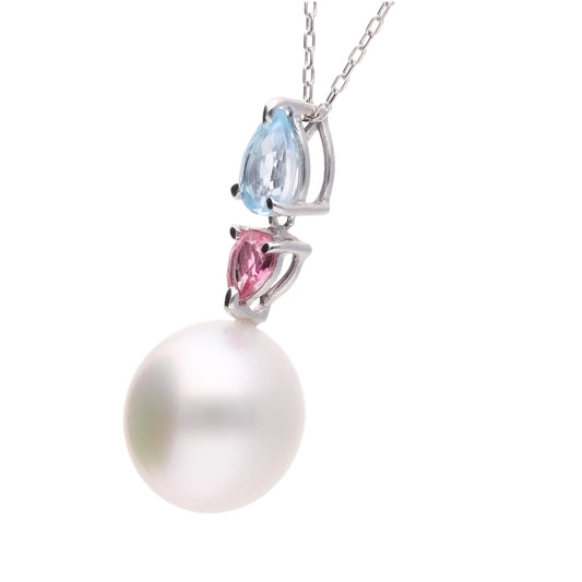 【紫陽花】シロチョウパール ブルートパーズ ピンクトルマリン ホワイトゴールド ペンダント|無調色 白蝶真珠 南洋真珠 10mm K18WG