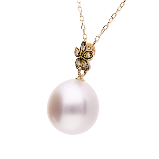 【星桜】シロチョウパール ダイヤモンド イエローゴールド ペンダント|無調色 白蝶真珠 南洋真珠 10mm K18YG