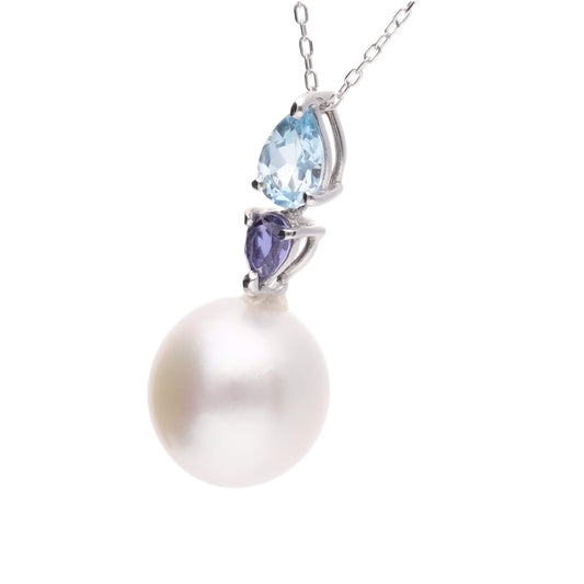 【菫Ⅱ】シロチョウパール ブルートパーズ アイオライト ホワイトゴールド ペンダント|無調色 白蝶真珠 南洋真珠 10mm K18WG