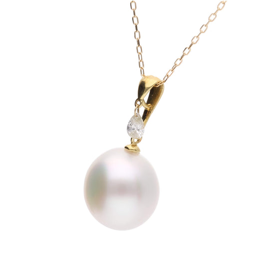 【月乃雫】シロチョウパール ダイヤモンド イエローゴールド ペンダント|無調色 白蝶真珠 南洋真珠 10mm K18YG